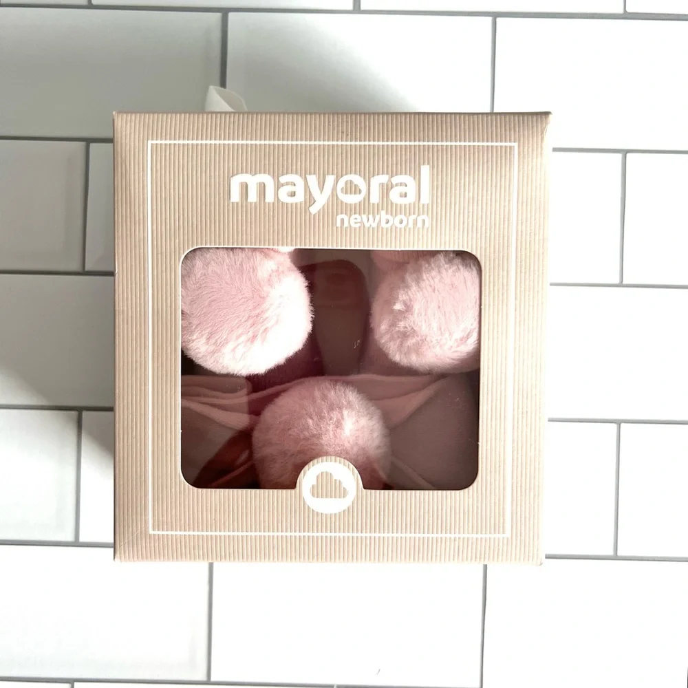 3M💗 Mayoral Pink Pom Pom Baby Sock Booties and Headband Set Organic Cotton Set